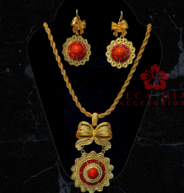 Set flor moño piedras rojas